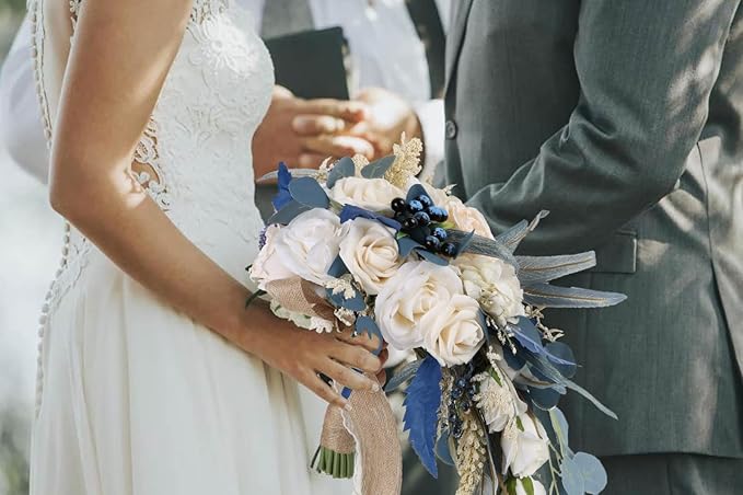 Wedding Bouquets for Bride, 11 Inch Bride Bouquets for Wedding Dusty Blue Artificial Flowers Bridal Bouquet for Wedding Ceremony Anniversary(Dusty Blue)