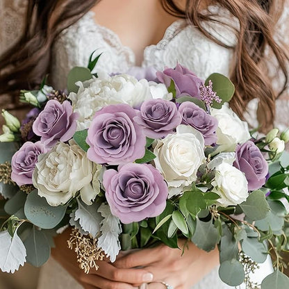 Felice Arts 12 Pack Purple Roses Artificial Flowers with Stems Fake Flowers Bouquet Silk Lilac Roses for Wedding Centerpiece Table Vase Home Kitchen Party DIY Decor