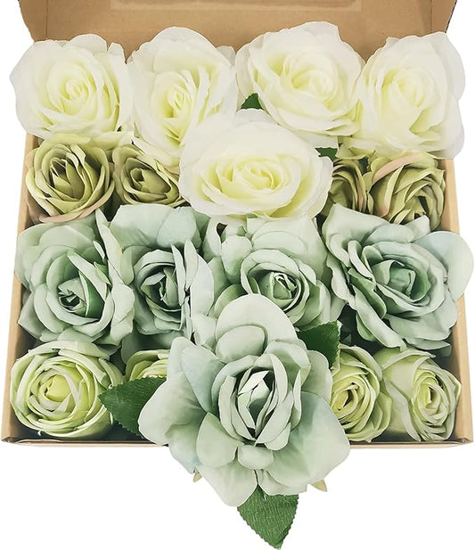 Artificial Flowers Fake Roses, Faux Plant with Stems for DIY Wedding Bouquets Bridal Shower Centerpieces Arrangements Party Tables Decorations (24, Mix Shades of Light Green)