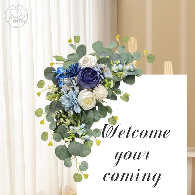 Artificial Wedding Arch Flowers for Wedding Sign,Set of 2 for Wedding Welcome Ceremony Sign,Faux Floral Swags,Wedding, Banquet and Reception Backdrop Floral Decoration (Blue)