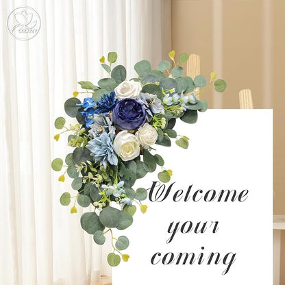 Artificial Wedding Arch Flowers for Wedding Sign,Set of 2 for Wedding Welcome Ceremony Sign,Faux Floral Swags,Wedding, Banquet and Reception Backdrop Floral Decoration (Blue)