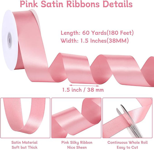 Pink Ribbon 1 1/2 inch 60 Yards Single Faced Pink Satin Christmas Ribbon for Lei Handmade Roses Bows Garden Vase Decor Crafts Flower Bouquet Wedding Decorations