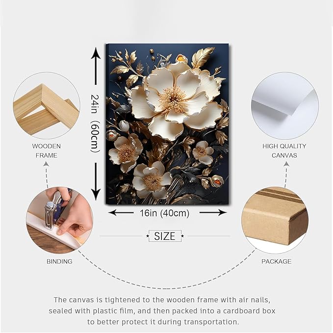 3D Abstract Flower Canvas Wall Art White Floral Texture Poster Prints Serene Blossoms Wall decor pictures for Bedroom and Bathroom Home Decorations Framed(16inx24in Canvas)