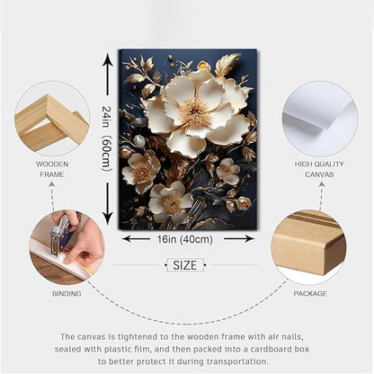 3D Abstract Flower Canvas Wall Art White Floral Texture Poster Prints Serene Blossoms Wall decor pictures for Bedroom and Bathroom Home Decorations Framed(16inx24in Canvas)