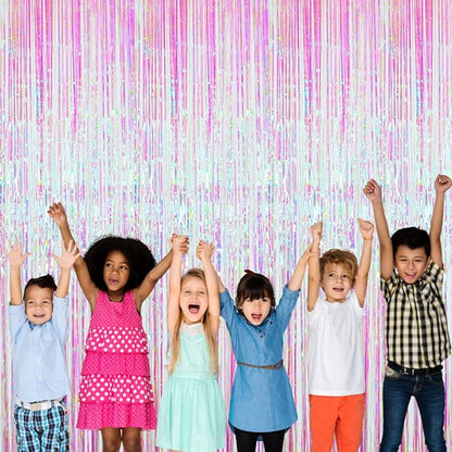 GOER 3.2 ft x 9.8 ft Metallic Tinsel Foil Fringe Curtains Party Photo Backdrop Party Streamers for Birthday,Graduation,New Year Eve Decorations Wedding Decor (Iridescent,3 pcs)