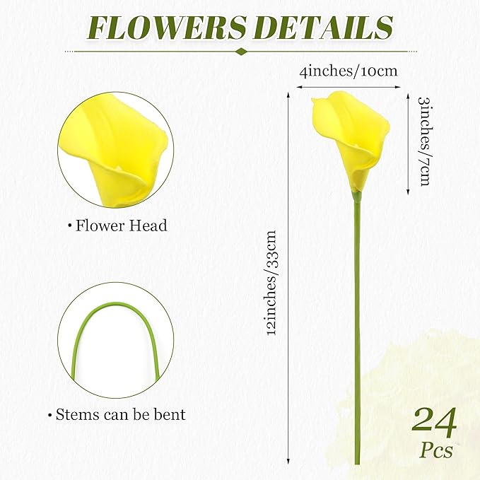 24 Pcs Yellow Artificial Calla Lily Flowers Fake Yellow Silk Flowers Real Touch for Wedding Bouquet Office Home Kitchen Decor