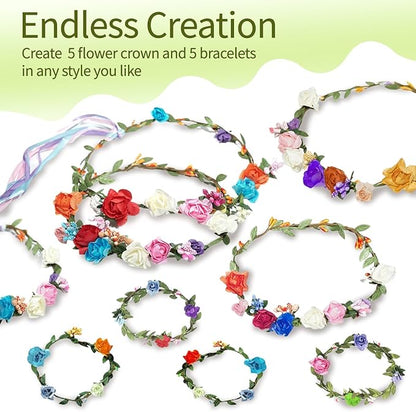 EggSun Flower Crown Making Kit for Girls Kids Gift Tea Party Spring Craft Bracelet DIY Fairy Flower Crown Kit Kids Birthday Party Floral Hair Arts Crafts Spring Easter Gift for Girls 5 6 7 12 Year Old