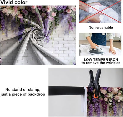 Baocicco Purple Floral Wall Backdrops 5x3ft Flowers White Brick Wall Backdrops for Photoshoot Valentine Day Decorations Anniversary Wedding Banner Supplies Birthday Baby Shower Photo Props