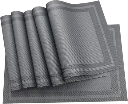 Gugrida Placemats Set of 6 Plaid Checkered Silver Grey PVC Placemat for Dining Table Durable Woven Vinyl Stain tablemats 18"X12"