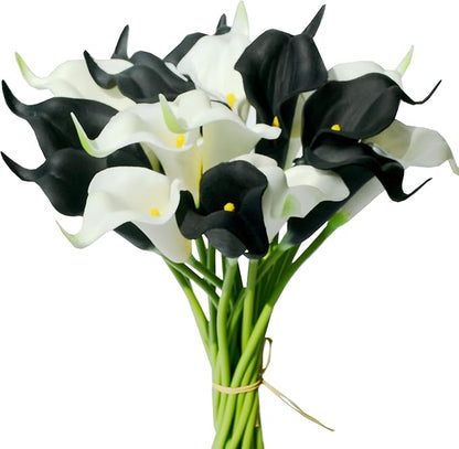 Mandy's PU Black and White Calla Lily Artificial Flowers 20 Stems 13.5in Faux Realistic Centerpiece for Thanksgiving and Christmas Decorations DIY Bridal Bouquet Home Décor