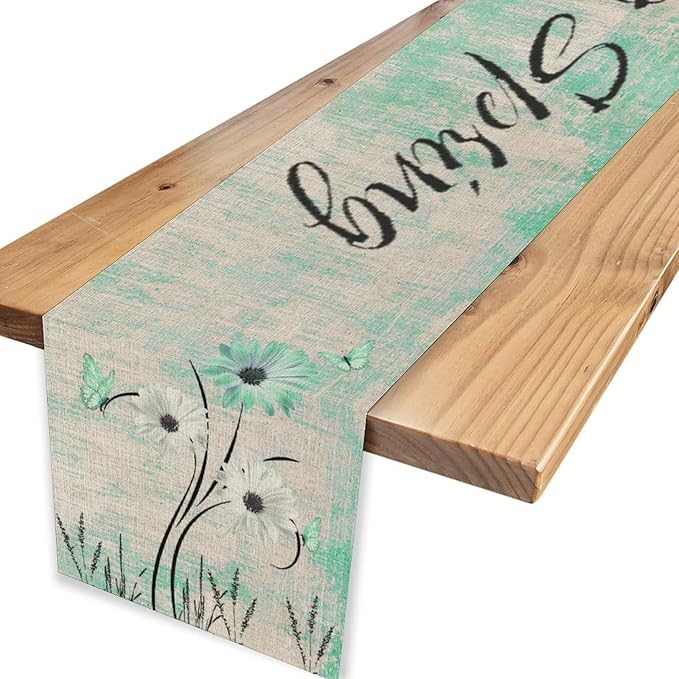 Daisy Floral Table Runner, Rustic Sunflower Wild Flowers Wooden Spring Teal Decor for Family Kitchen Farmhouse Holiday Party Table Decorations Indoor Outdoor 13x90 inch