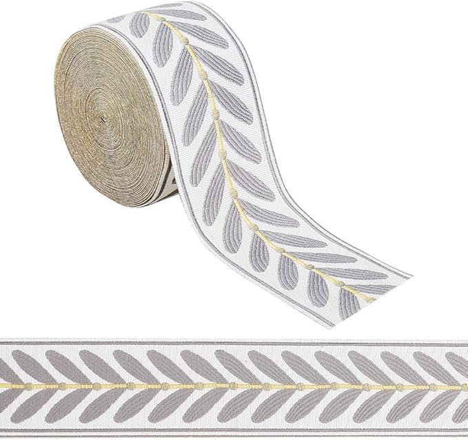 OLYCRAFT 10.9Yards Jacquard Ribbon Trim 2.4 Inch Leaf Pattern Polyester Ribbons Grey White Woven Embroidery Trim for DIY Sewing Crafts Handmade Bag Belts Clothing Decoration