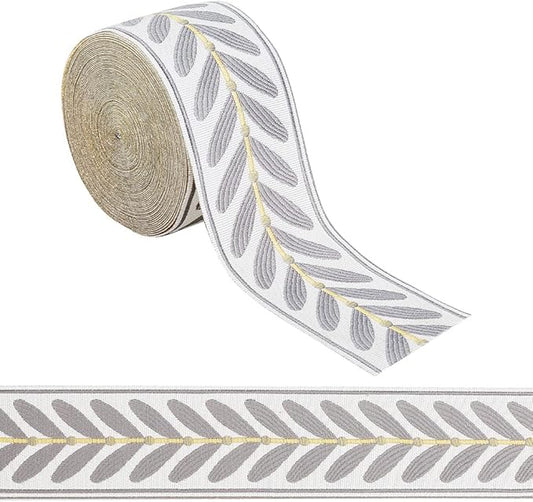 OLYCRAFT 10.9Yards Jacquard Ribbon Trim 2.4 Inch Leaf Pattern Polyester Ribbons Grey White Woven Embroidery Trim for DIY Sewing Crafts Handmade Bag Belts Clothing Decoration