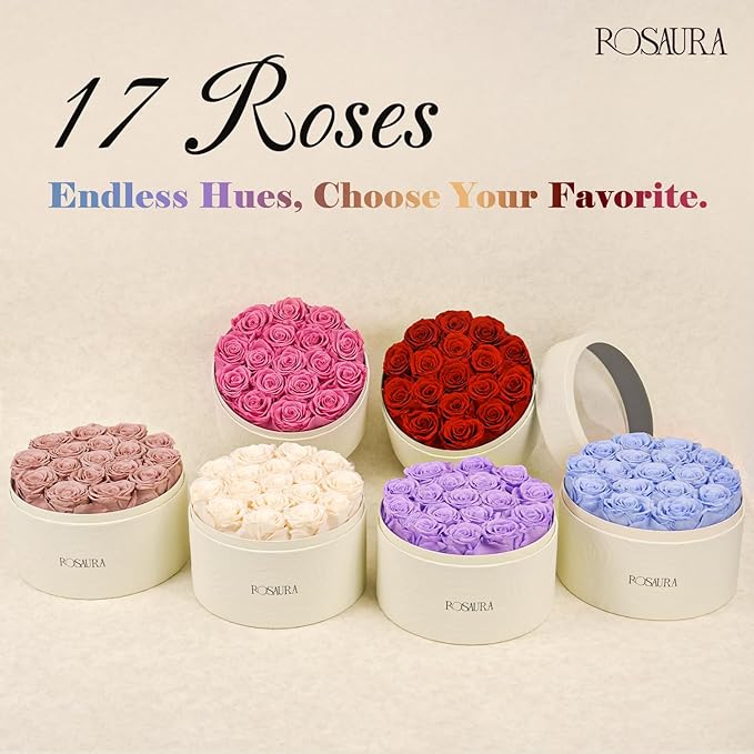 Rosaura Round Preserved Roses Gift Box - Real Forever Flowers for Birthday, Valentine's & Mother's Day (Sky Blue, 17 Roses)