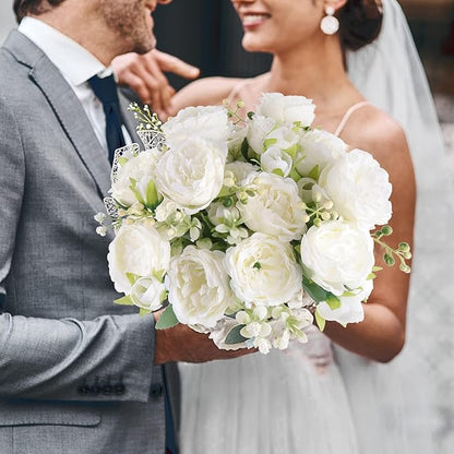 Artificial Peonies Silk Flowers, White Faux Peony Bouquet 2 Bundles Florals Arrangements Decor for Farmhouse Home Boho Wedding Table Centerpiece, Fake Plastic Flowers Bulk for Vase Decoration (White)