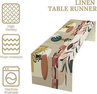 Mid Century Table Runner,Abstract Boho Plant Leaf Botanical Cat Modern Geometric Pattern Print Burlap for Hotel Indoors Outdoor Dining Room Kitchen Home Decor, 13x70in
