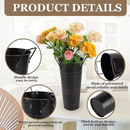 8pcs Small Galvanized Vase,Small Metal Vases Home Décor,Black Rustic Farmhouse Flower Vase,Rustic Vases for Centerpieces,Galvanized Metal Bucket with Handles (Black,10'' Height,Set of 8)
