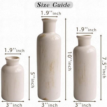 Pampas Grass with Vase Set – 3 Beige White Ceramic Vases with Natural Dried Pampas, Bunny Tails & More – Neutral Farmhouse Decor for Fireplace, Home, Mantel, Entryway, Kitchen & Boho Table Centerpiece