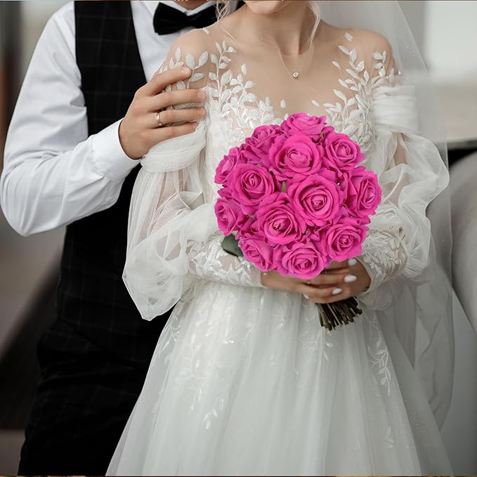 Hot Pink Roses 16pcs Velvet Artificial Roses with Stems Hot Pink Artificial Flowers 3.15" for Bridal Bouquet Wedding Flowers for Floral Centerpieces Home Party Decor (Hot Pink)