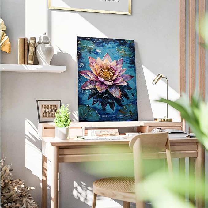 Gorgeous pink and purple water lilies on deep blue water Eye-catching oil painting Serene aquatic wall art for modern home decor 20x30in Frameless
