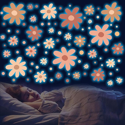 Glow in The Dark Big Daisy Wall Decals，Glowing Luminous Large Cute Daisy Wall Stickers Colorful Removable self-Adhesive Flower Boho Decals for Girls Bedroom Kids Baby Nursery Living Room Decor