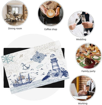 Nautical Placemats, Simple Hand Painted Blue Ocean Sailboat Map Lighthouse Compass Print Washable Fabric Placemats Table Kitchen Dining Party 12x18 Inch Set of 4