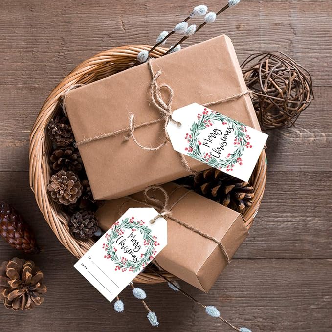 Andaz Press Christmas Holiday Season Classic Gift Tags, Merry Christmas to from Classic Favor Tags, Holly Wreath Design, for Holiday Events, Parties, and Favors, 60-Pack