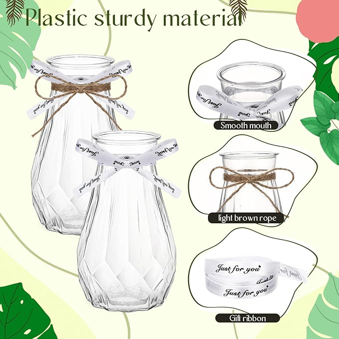 Bokon 6 Packs Small Plastic Bud Vases in Bulk with Gift Wrapping Ribbon, Vases for Flower, Wedding Centerpieces for Home Decor, Living Room, Office Decoration, Housewarming Party Gift (Clear)