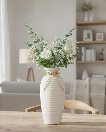 14.4 Inch Tall Ceramic Vase, Large Rustic Vintage Farmhouse Threaded Vases for House Book Shelf Office Coffee Desk Dining Fireplace,White