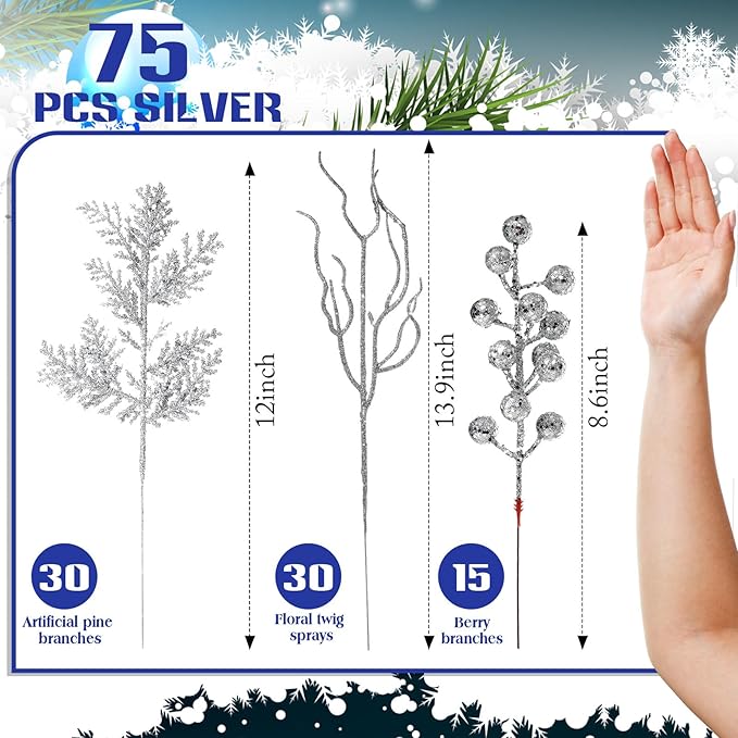 75 Pcs Christmas Glitter Branches 3 Styles Artificial Christmas Picks Berries Stems Pine Needles Floral Twig Spray for Xmas Tree Ornaments DIY Wreath Garland(Silver)