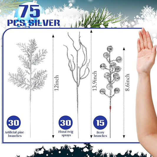 75 Pcs Christmas Glitter Branches 3 Styles Artificial Christmas Picks Berries Stems Pine Needles Floral Twig Spray for Xmas Tree Ornaments DIY Wreath Garland(Silver)