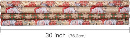 RUSPEPA Kraft Christmas Wrapping Paper Set, Jumbo Roll, Vintage Santa, Bird, Poinsettia,and Gold Snowflake Plaid Design, Kraft Gift Wrap for Christmas, Holiday, 4 Rolls, 30 Inches x 10 Feet per Roll