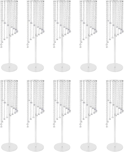 10 Pcs Acrylic Column Flower Stand with Chandelier Crystals, Clear Acrylic Tall Vases Fancy Metal Vase Stand for Weddings and Parties 7.87 x 7.87 x 31.5 Inch