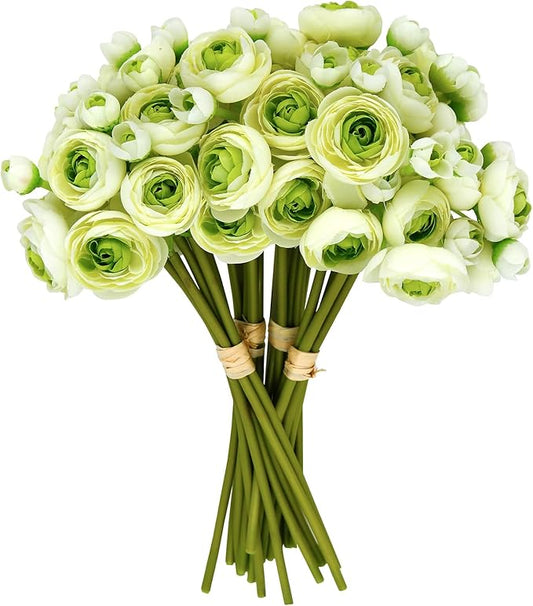 24 Pcs Ranunculus Artificial Flowers 10.5", Mini Faux Silk Ranunculus with Stem, Fake Flowers for Home Decor Indoor Wedding Bouquets Centerpieces (White and Green)