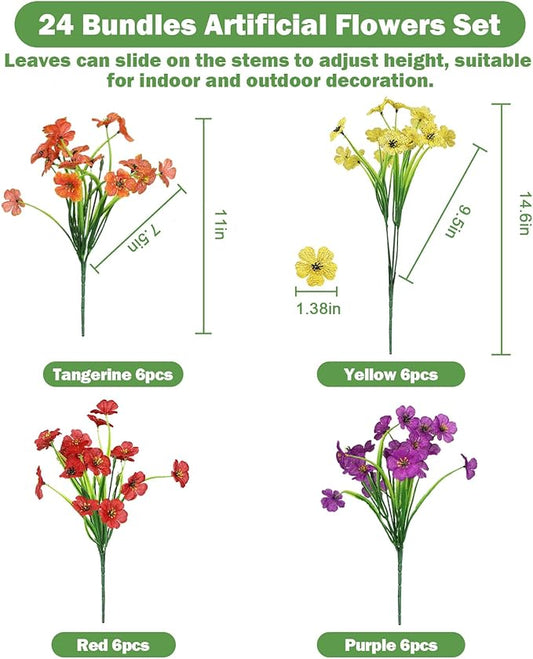 Nepfaivy Artificial Flowers for Outdoors Uv-Resistant - 24 Bundles 4 Colors No-Fade Faux Flowers for Outdoor Planters to Decor Patio Porch Garden Yard, Silk Realistic Faux Outside Flowers Bulk