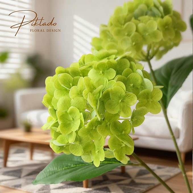 A Bunch 20in， Real Touch Hydrangea Artificial Flowers， with 5pcs Flower Head 8pcs Leaves， Faux Hydrangea Flowers for Home Office Decor Wedding Party Arrangements (1, Green)