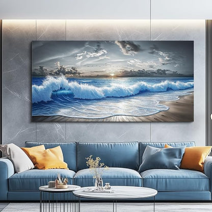 PHAOHUAXM Large Canvas Wall Decor For Living Room Wall Art For Bedroom Office Dining room Decor Modern Black White And Blue Ocean Wave Painting Printed Artworks Wall Pictures Home Decor 24"X48"