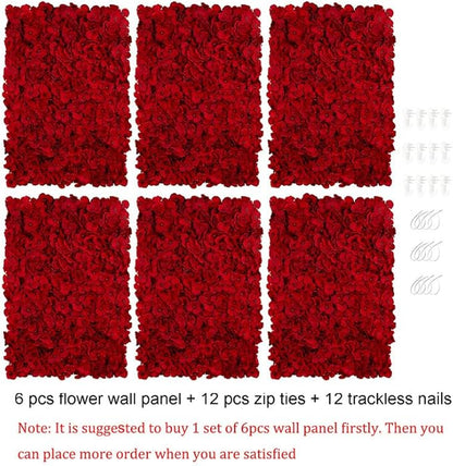 BLOSMON Flower Wall Backdrop Red - 6 Pcs 24 x 16 Inch Artificial Hydrangea Floral Panels for Wedding Party Baby Bridal Shower Decor - Fake 3D Silk Flower Backdrop Decoration