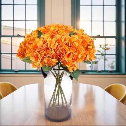 Kimura's Cabin 6pcs Artificial Silk Hydrangea Flowers with Stems Fake Hydrangea Bouquet for Home Table Centerpieces Wedding Party Halloween Decoration (Orange Yellow)