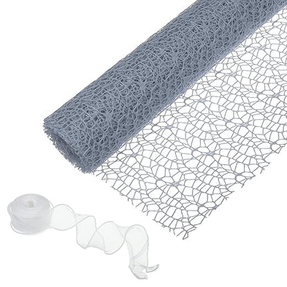 PATIKIL Flower Wrapping Mesh Paper, 15ft Floral Bouquet Craft Packaging Hollow Net Yarn with Ribbon for Flowers Gift Packaging, Grey Blue