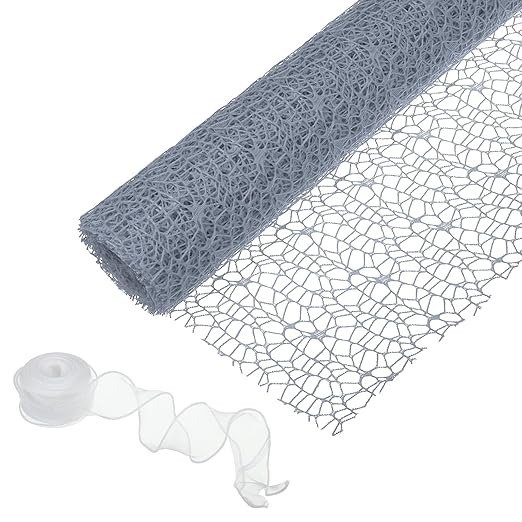 PATIKIL Flower Wrapping Mesh Paper, 15ft Floral Bouquet Craft Packaging Hollow Net Yarn with Ribbon for Flowers Gift Packaging, Grey Blue