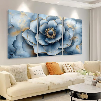 Kewhush Blue Wild Rose Canvas Wall Art, Floral Canvas Prints, Flower Blooming Set of 3 Pictures, Rose Wall Decor, Gold Accent Decor, Modern Artwork for Living Room, Bedroom (16" x 24" x 3 pcs)