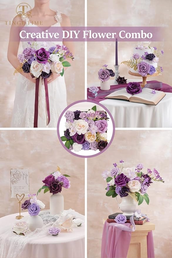 TINGE TIME Artificial Flowers Purple & White Flower Combo for DIY Wedding Bouquets Table Centerpieces Arrangements Party Baby Shower Home Decorations