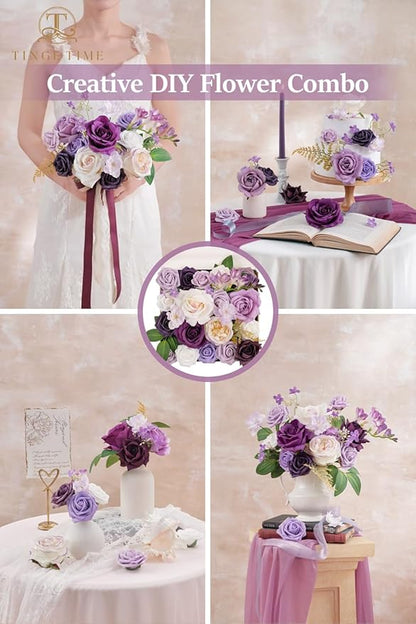 TINGE TIME Artificial Flowers Purple & White Flower Combo for DIY Wedding Bouquets Table Centerpieces Arrangements Party Baby Shower Home Decorations
