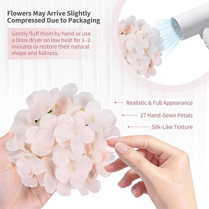 64PCS Artificial Hydrangea Flowers with Stems, Silk Hydrangea Heads with LED Decorative Lights, Crystal Strings & Butterfly Accents for Wedding Centerpieces and Home Decor(64, Pink)