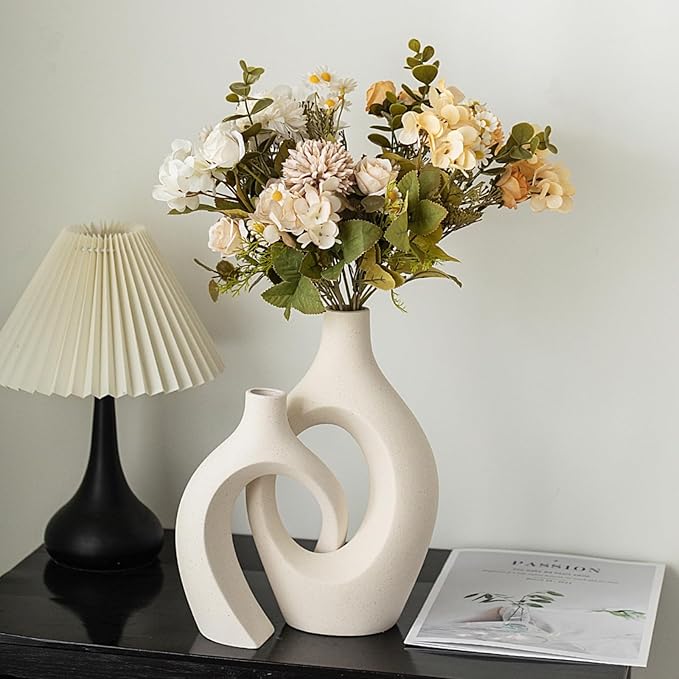 XL Cream White Snuggle Hollow Ceramic Vase of 2 for Coffee Table Decor, Modern Minimalist Aesthetic Donut Floral Vases, for Home Living Room Entryway Table Shelves Decorative (W 6.8" X H 11")