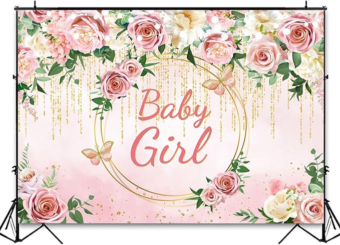 InMemory Pink Rose Baby Girl Baby Shower Backdrop Banner Decorations for Girl,Pink Flower It's a Girl Banner Photography Background for Sweet Girls Baby Shower Party Supplies Photo Booth Props 6x4ft
