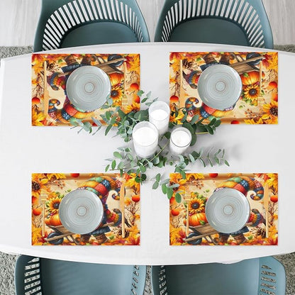 Autumn Gnome Pumpkin Flower Placemats Set of 6 PVC Vinyl Non Slip Table Mats Heat Resistant Place Mats Washable Wipeable Dining Table Mat for Kitchen Decor Party Indoor Outdoor Decorative Gift