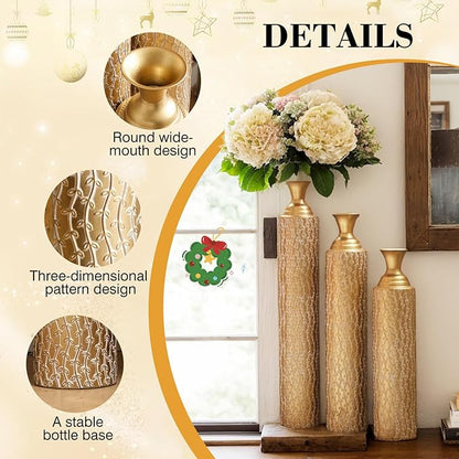 Floor Oversized Gold Metal Decorative Vase with 3D Triangle Pattern Set of 3 Large Vases for Home Living Room 33.5 ", 29.5 ", 25.2" High (Matte Gold)