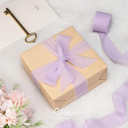 Ribbli Lavender Chiffon Silk Ribbon, 1-1/2 inch x 20 Yard, Handmade Fringe, Light Purple for Wedding Invitations, Bridal Bouquets, Flower Arrangement Decoration